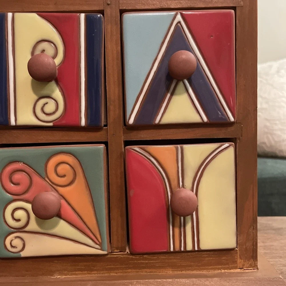 Hand Painted Ceramic Wood Apothecary 9 Drawer Chest Jewelry Spices Trinkets Vtg‎